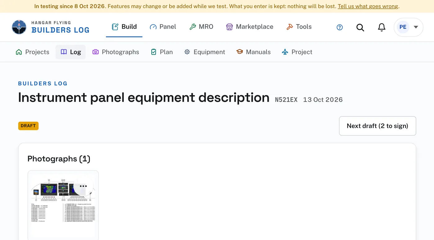 The draft entry a POH figure makes: titled "Instrument panel equipment description", dated the day it was sent, with the figure’s page as its photograph.