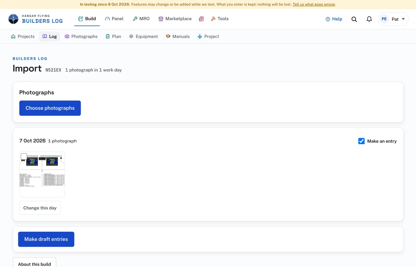 The Import page: Choose photographs, then each work day with Make an entry checked, and Make draft entries.