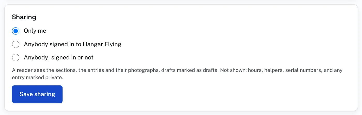 Sharing, on the Project page: Only me, Anybody signed in to Hangar Flying, or Anybody, signed in or not.