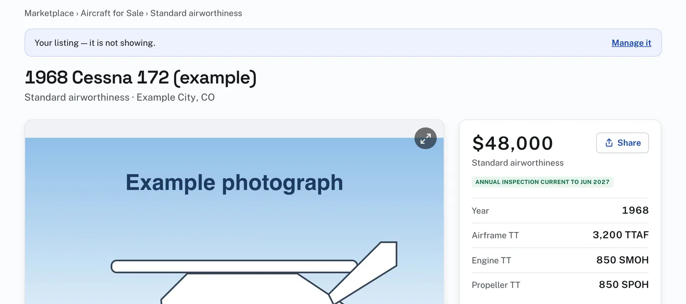 The top of an example listing: the photograph, and beside it the price, Share, the inspection mark and the key facts.