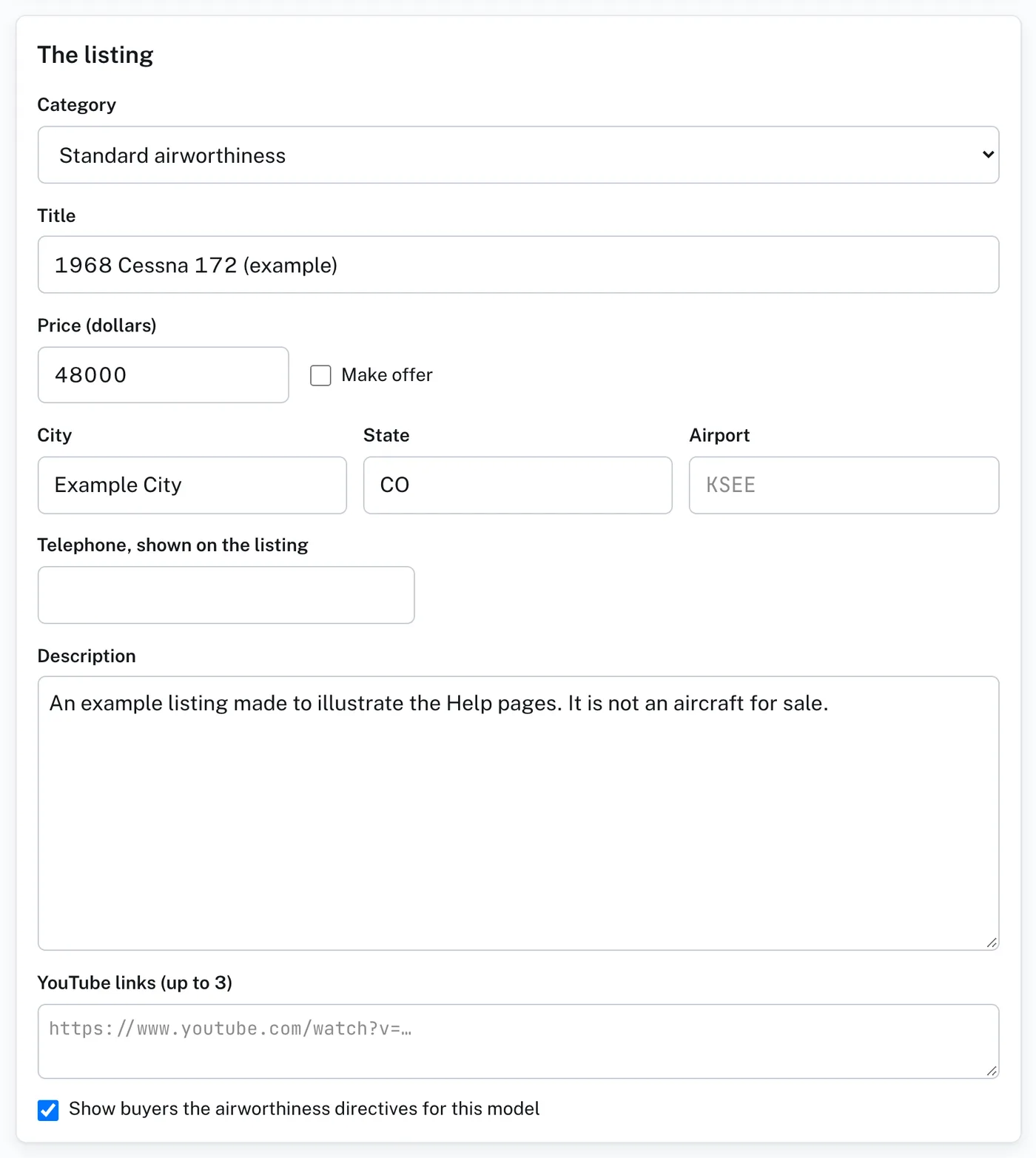 The listing part of Details: Category, Title, Price, City, State, Airport, Telephone and Description, shown here for an example aircraft. Property has the same boxes.