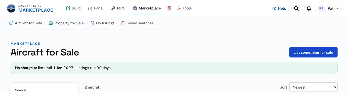 The top of the Marketplace: its four pages in the row under the bar, and the List something for sale button.