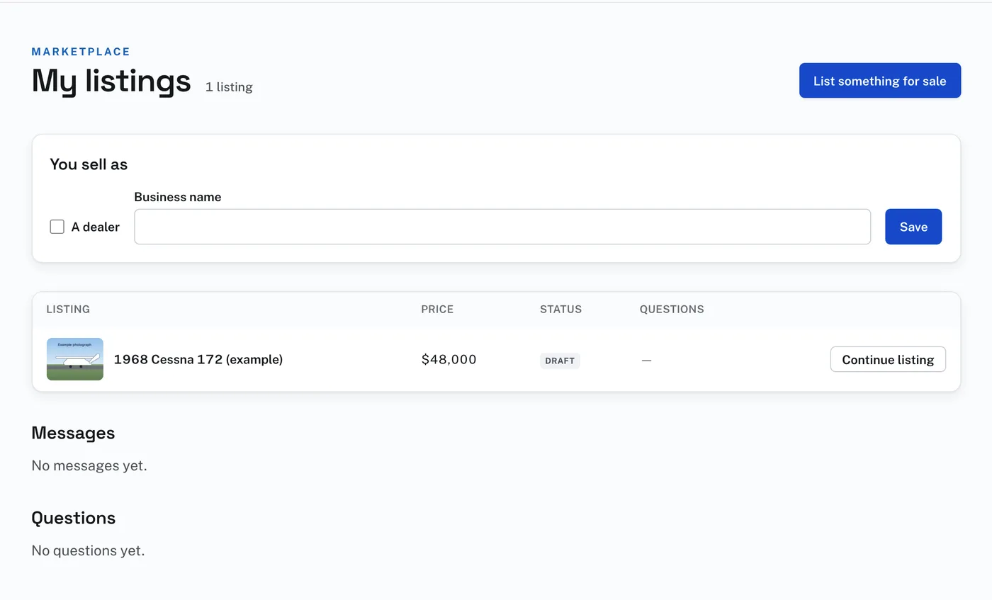 My listings: You sell as, an example draft with its status and Continue listing, and Messages and Questions under it.