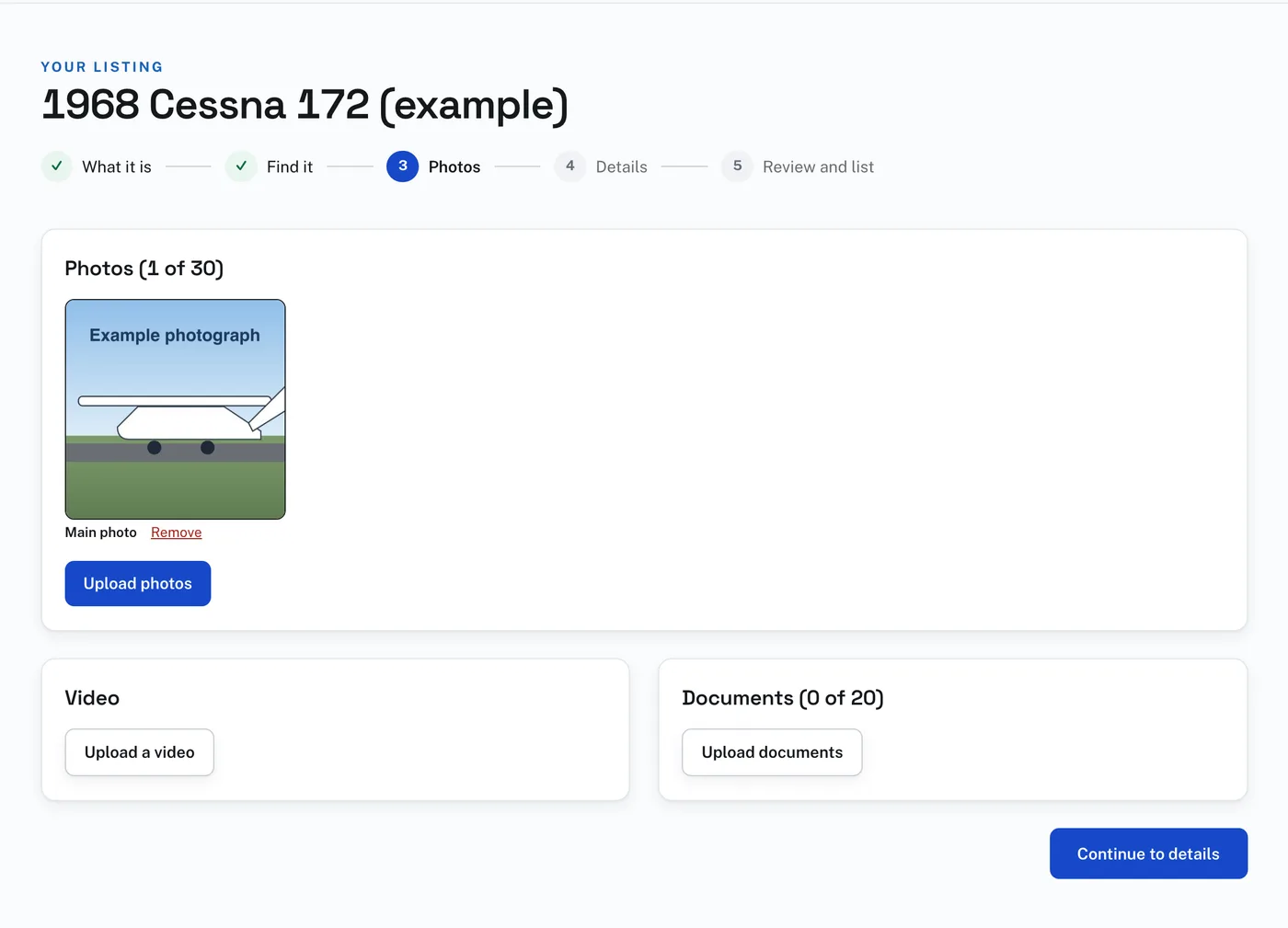 The Photos step of an example listing: one photograph uploaded, and the Video and Documents panels.