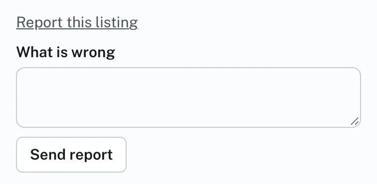 Report this listing, opened: the What is wrong box and Send report.