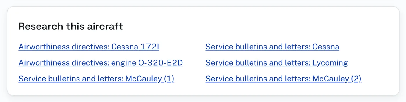 Research this aircraft on an example listing: the airworthiness directives and the manufacturers’ service bulletins and letters.