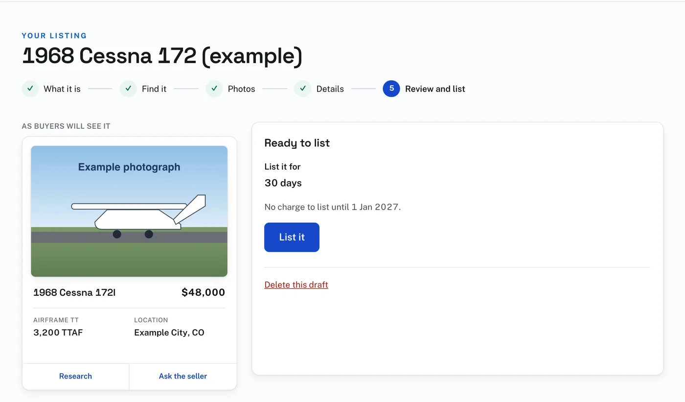 Review and list for an example aircraft: the card as buyers will see it, and List it.