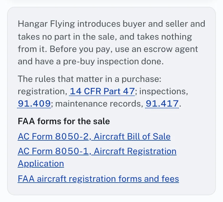The box near the foot of an aircraft listing: the rules that matter in a purchase and the FAA forms for the sale.