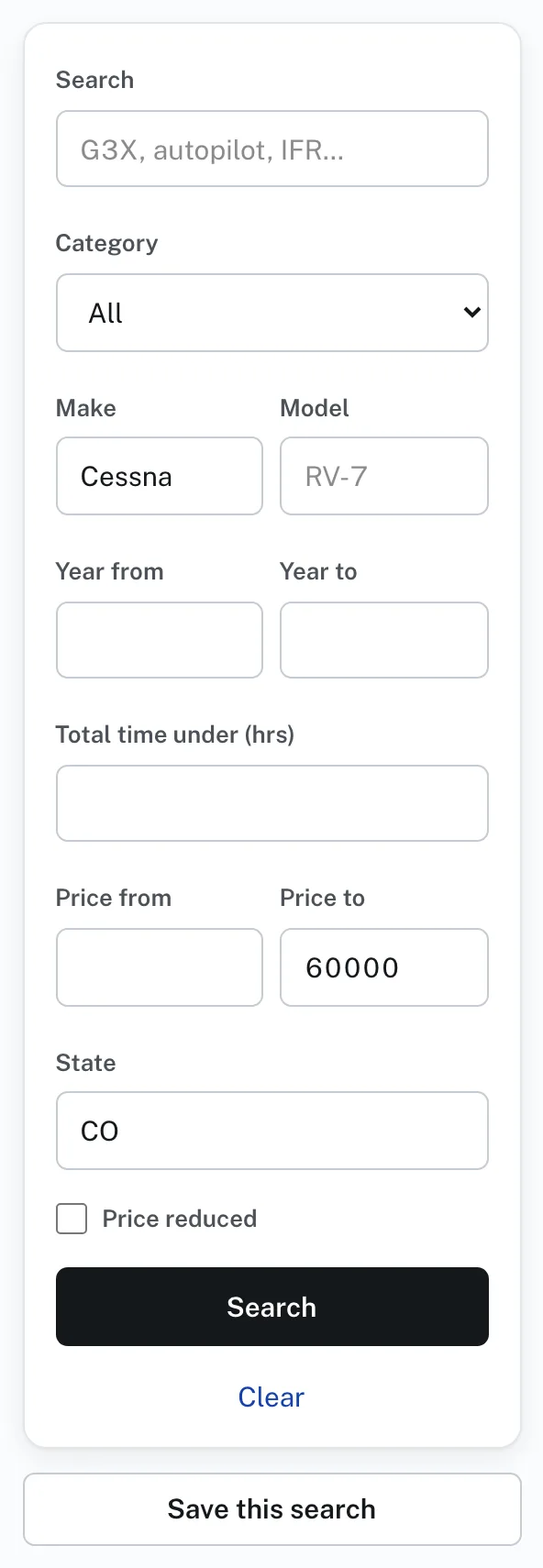 The search beside the aircraft listings, with a make, a top price and a state filled in.