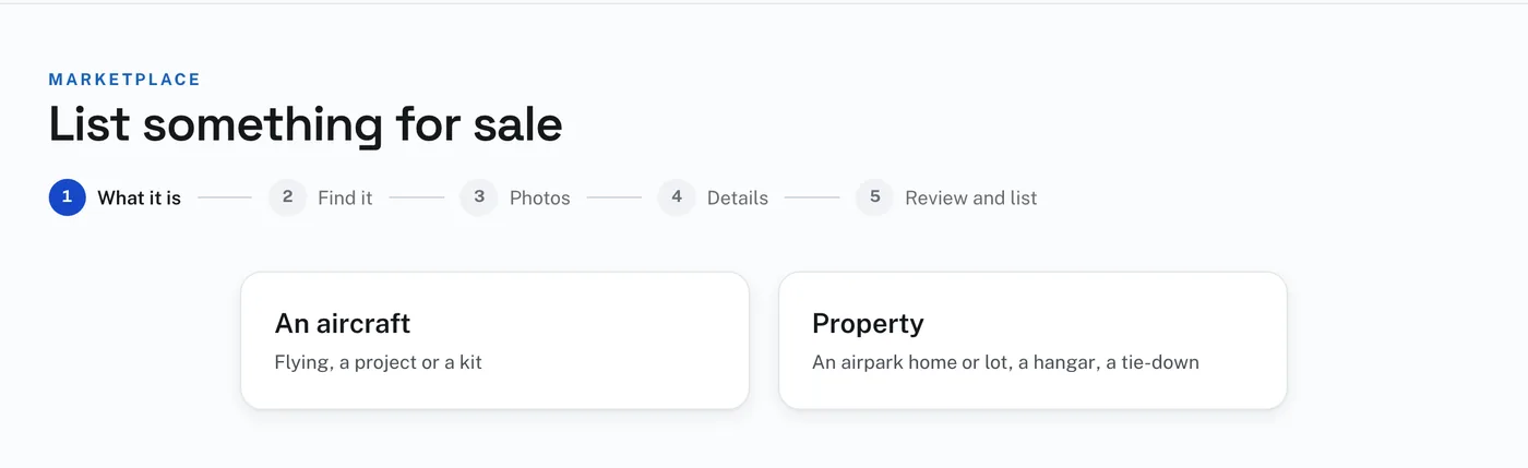 The first step of List something for sale: An aircraft or Property.