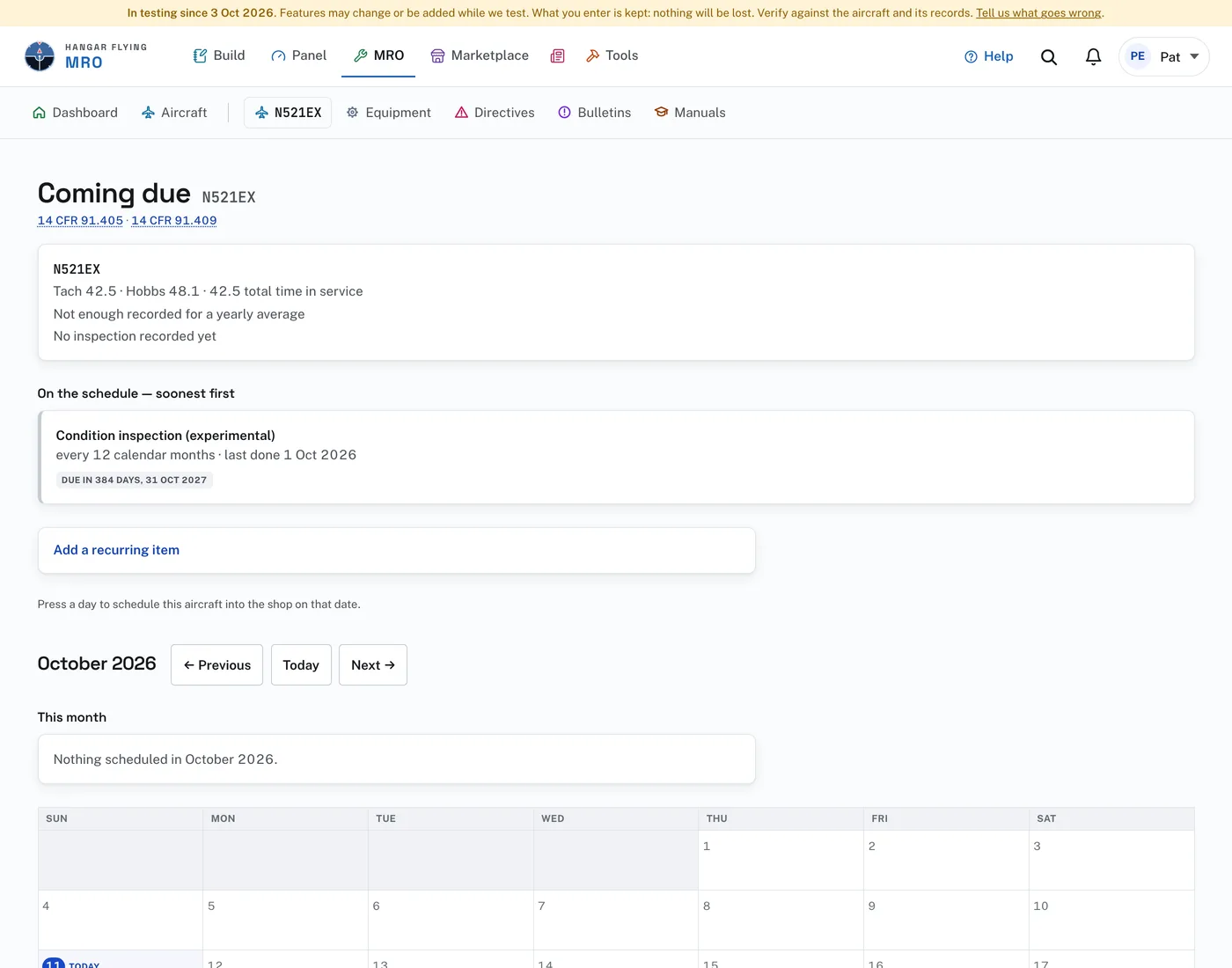 The Coming due page: the aircraft’s times, a condition inspection on the schedule, “Add a recurring item”, and the calendar.