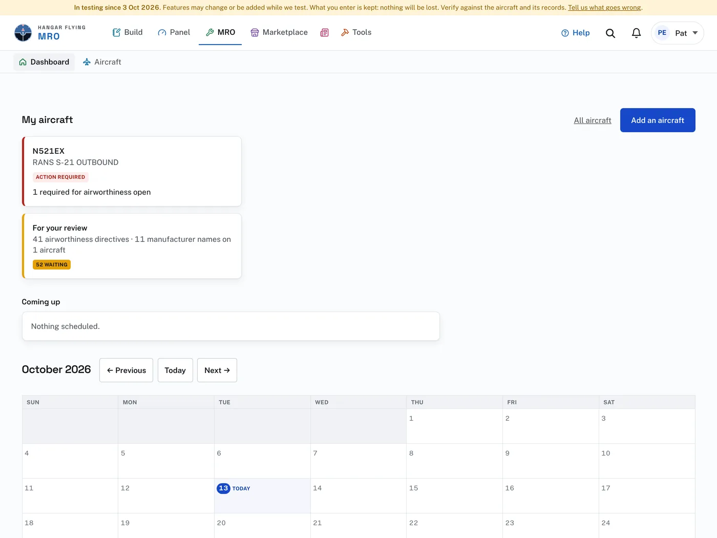 The Dashboard: an aircraft card, For your review, Coming up, and the calendar.