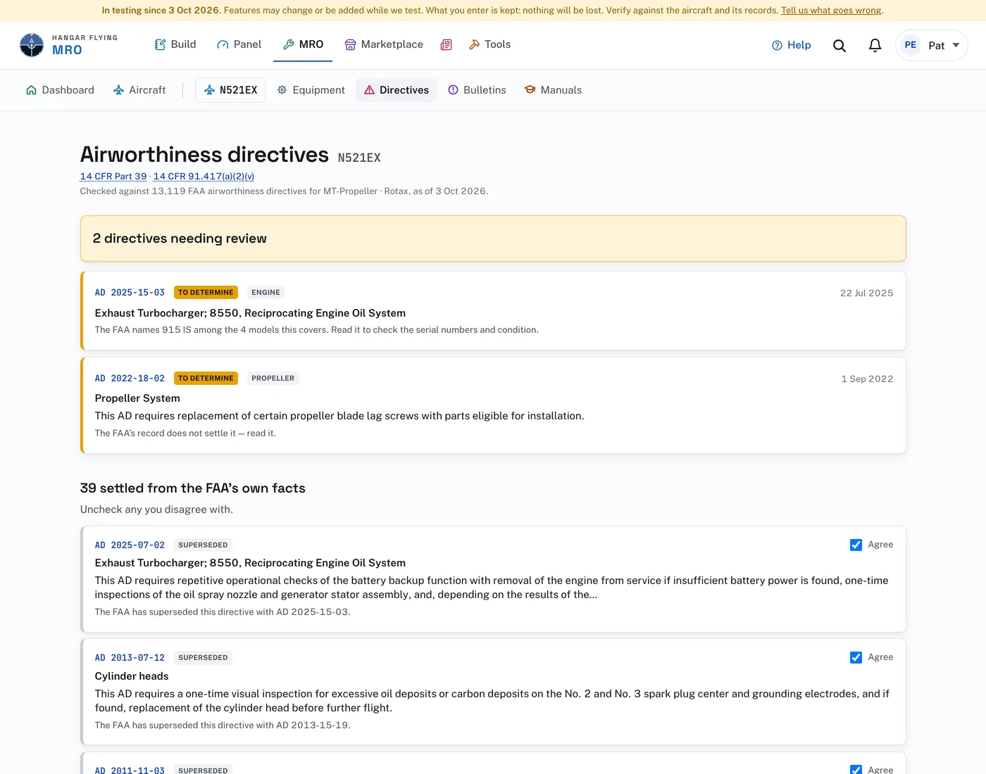 The Directives page: the directives needing review first, then those settled from the FAA’s own facts, each with Agree checked.
