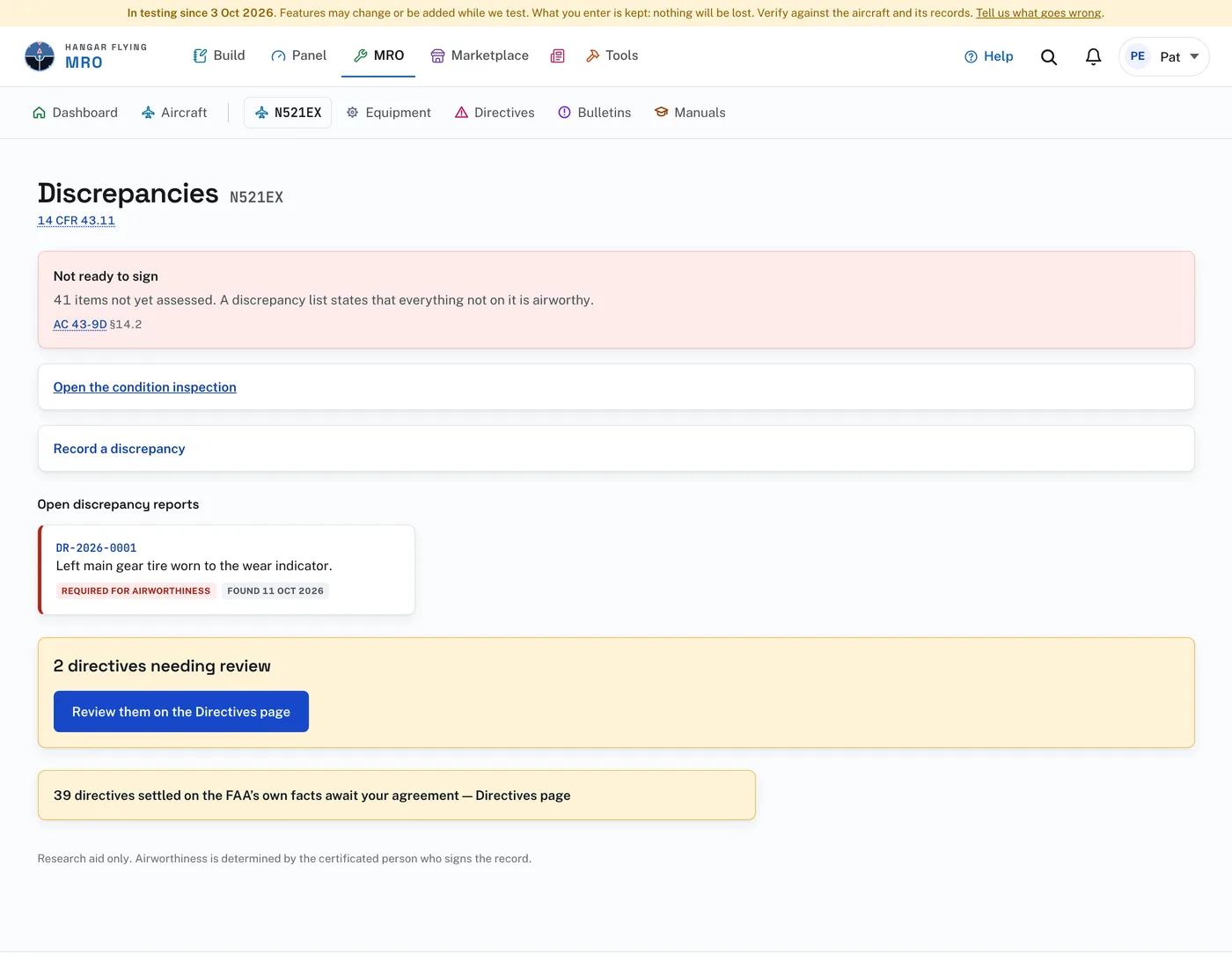 The Discrepancies page: Not ready to sign, “Record a discrepancy”, an open discrepancy report, and the directives still needing review.