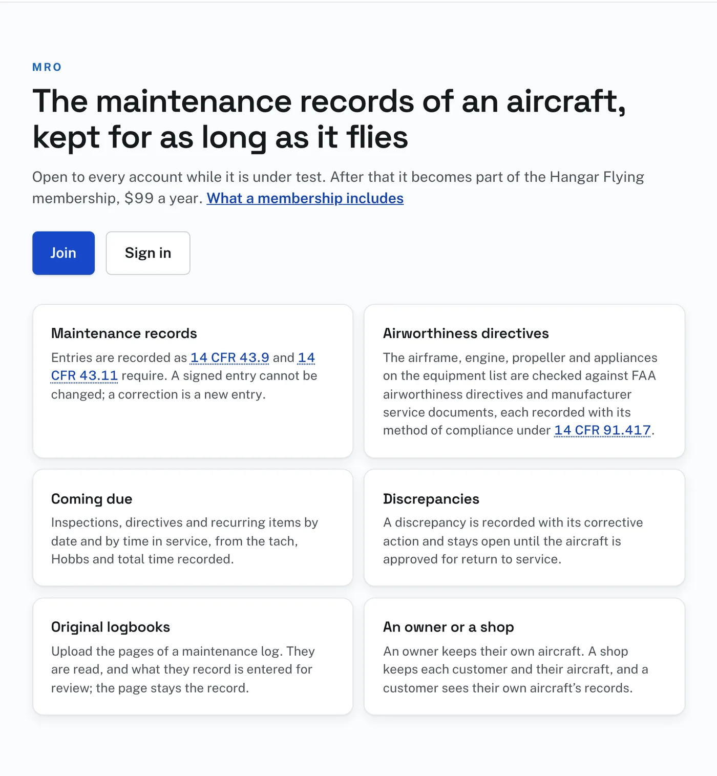 The MRO front page as a visitor sees it, with Join and Sign in.
