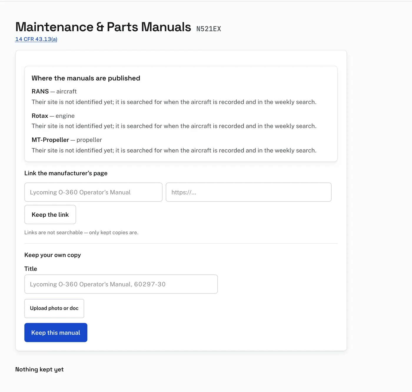 The Manuals page: where the manuals are published, “Link the manufacturer’s page”, and “Keep your own copy”.