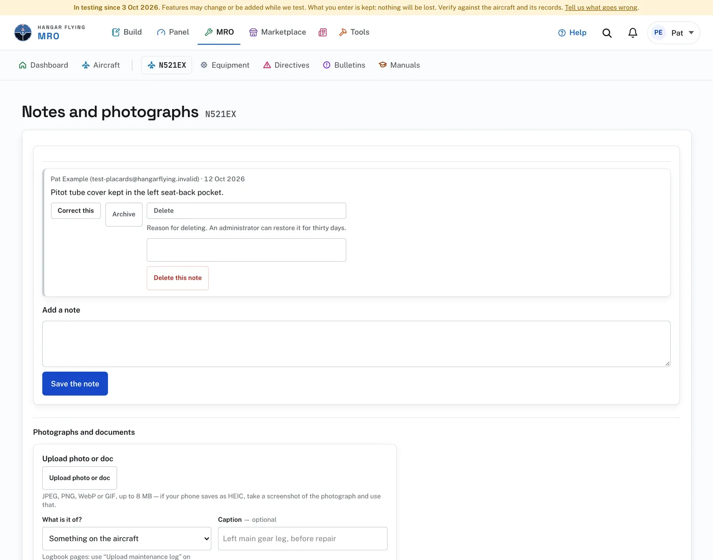 The Notes and photographs page: a note with Correct this, Archive and Delete, then Add a note and Upload photo or doc.