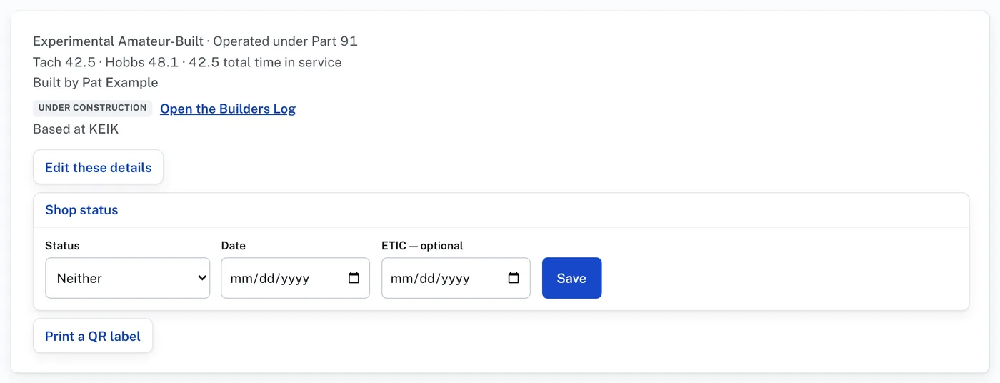 An aircraft’s details with “Shop status” open: Status, Date, ETIC and Save.