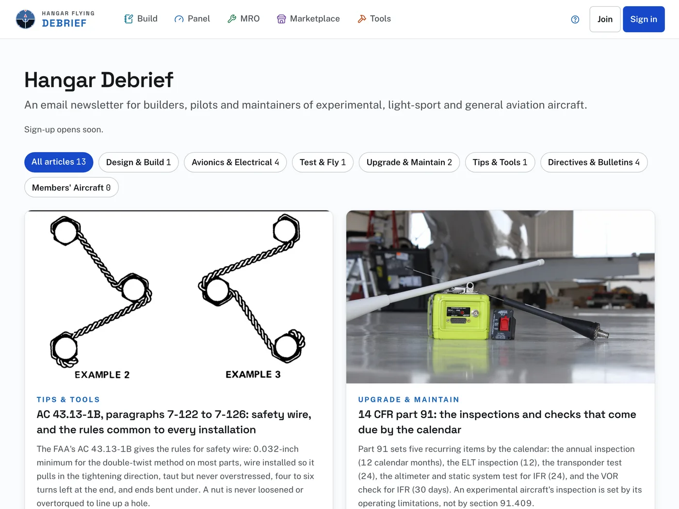 The Hangar Debrief page: the topics in a row, then the articles, newest first.