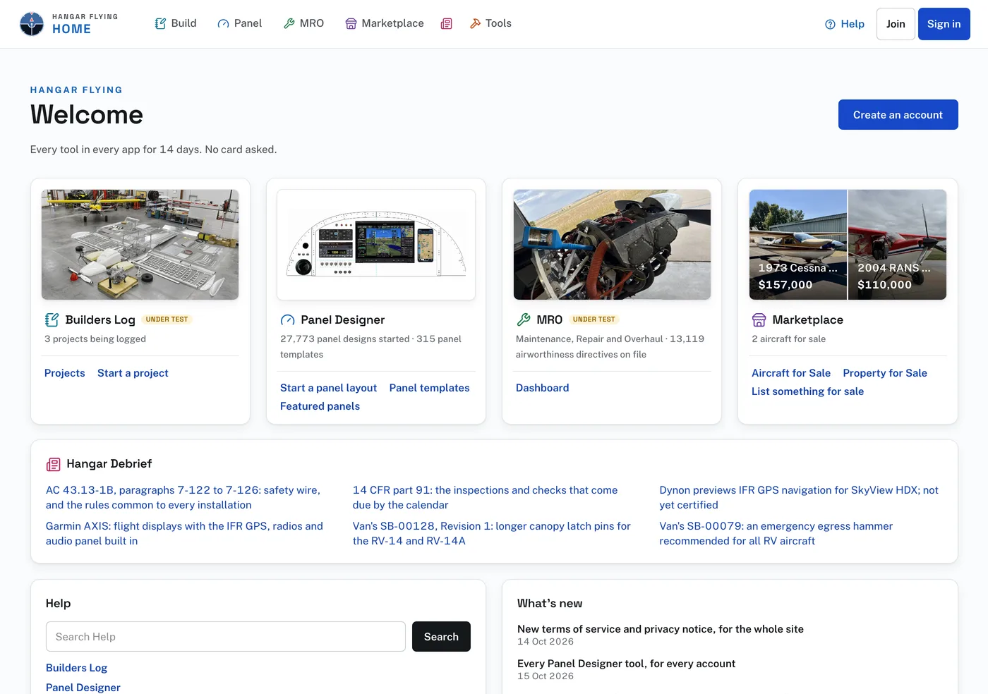 Home, signed out: a card for each app, and the newest Hangar Debrief articles under them.