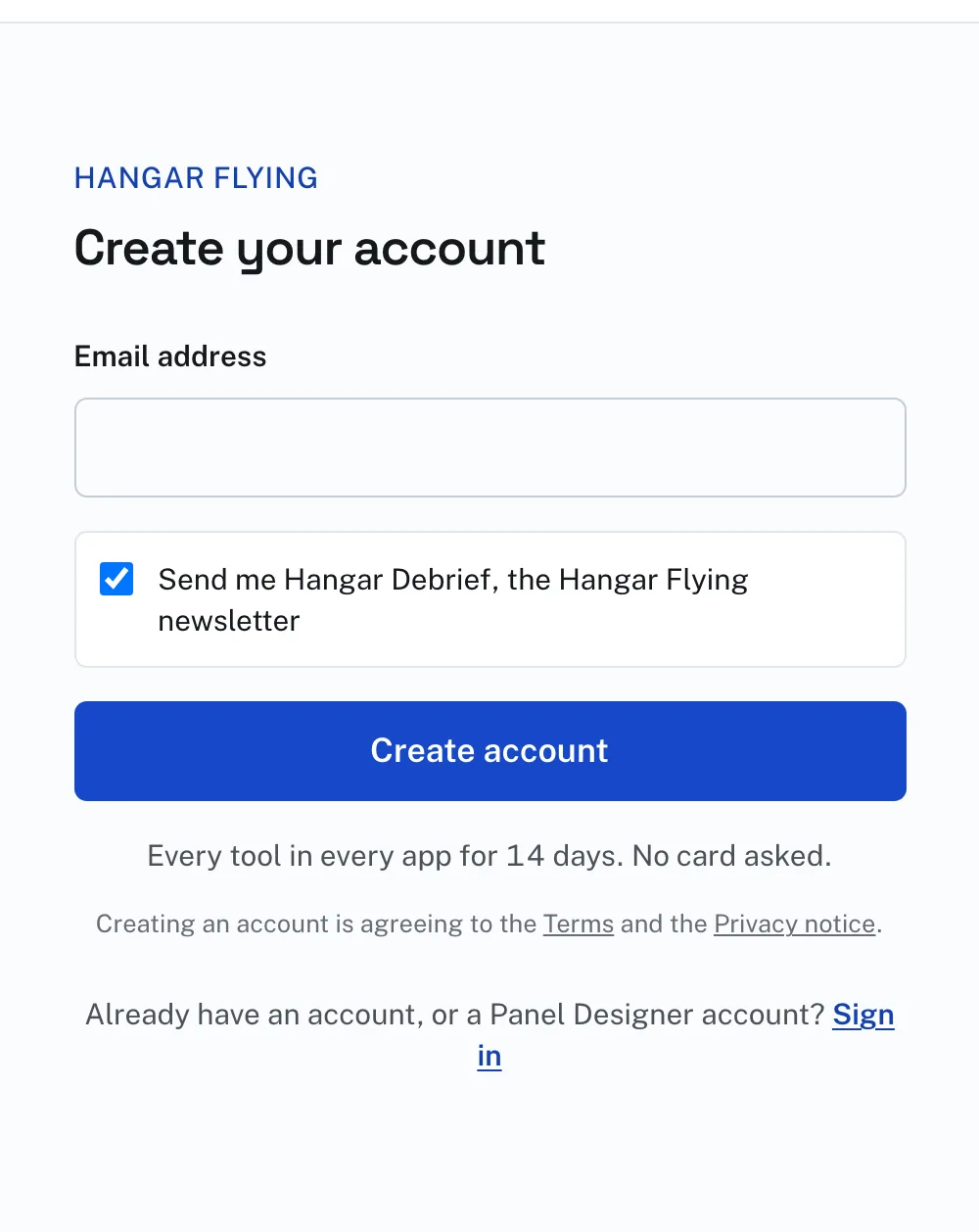 Create your account: your email address, and the Hangar Debrief checkbox.