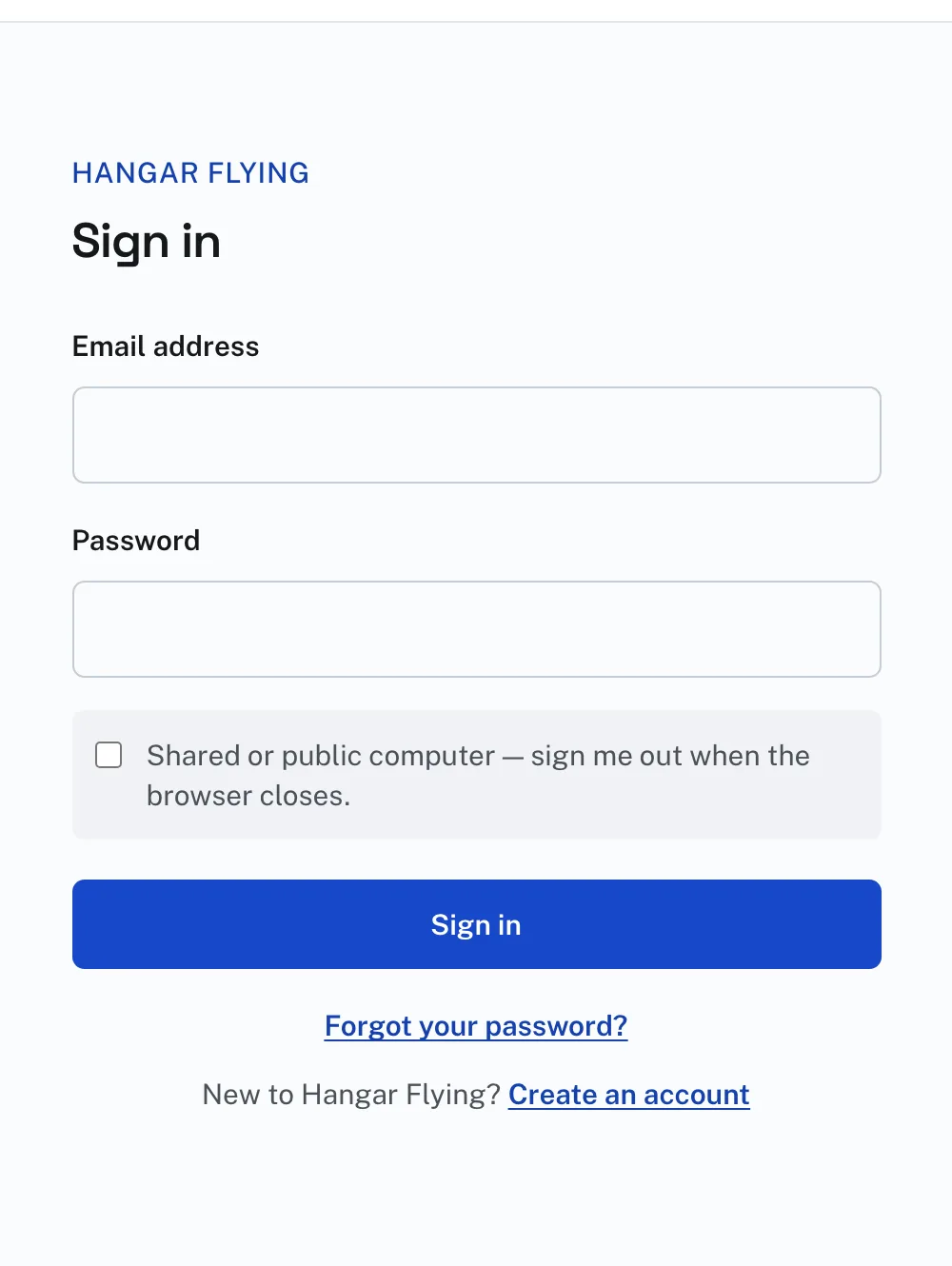The Sign in page: email address, password, Forgot your password? and Create an account.