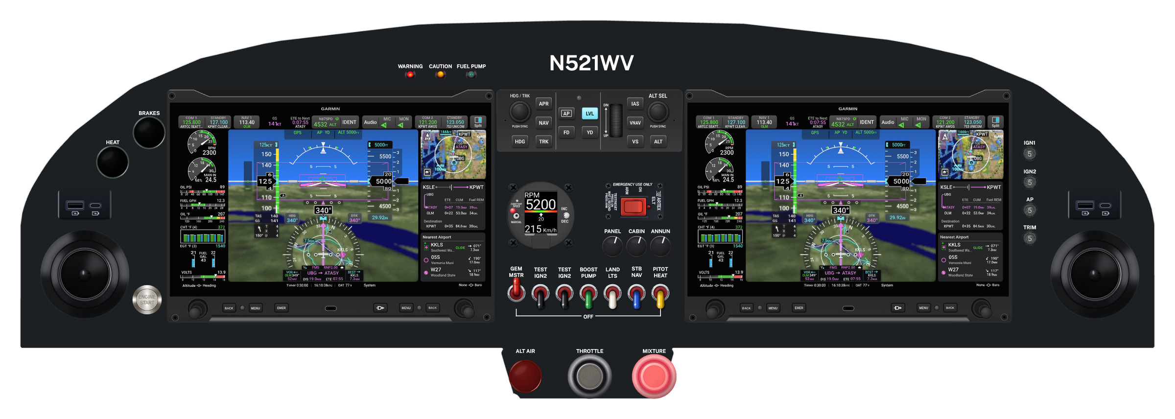 A RANS S-21 panel in black with white placards: two Garmin displays, an autopilot controller, a row of colored toggle switches and breakers