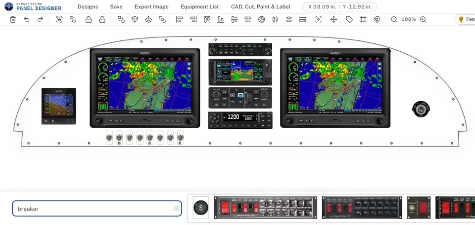 Clicking a circuit breaker in the search results, pressing Add several, entering 1 row of 10 with gaps of 0.3 and 0.25 inch, pressing Place 10, and clicking on the panel where the row goes
