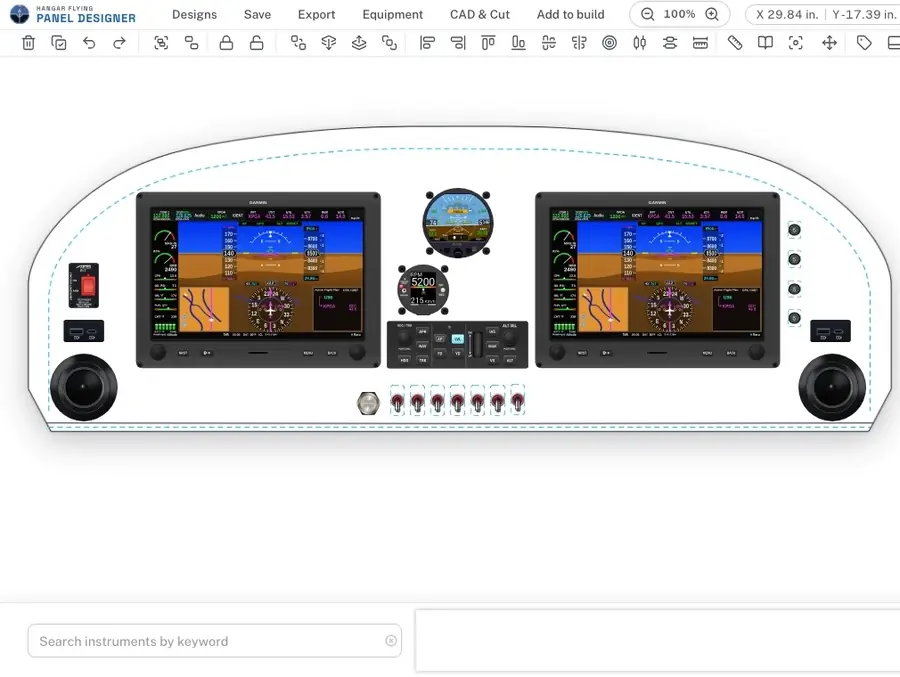 On a finished panel, a G3X Touch is opened and changed through its screens (PFD with map inset, PFD with synthetic vision, PFD and approach chart, Map, PFD and map), then the AV-30 through its HSI, Traffic, Map, Directional gyro and Attitude screens