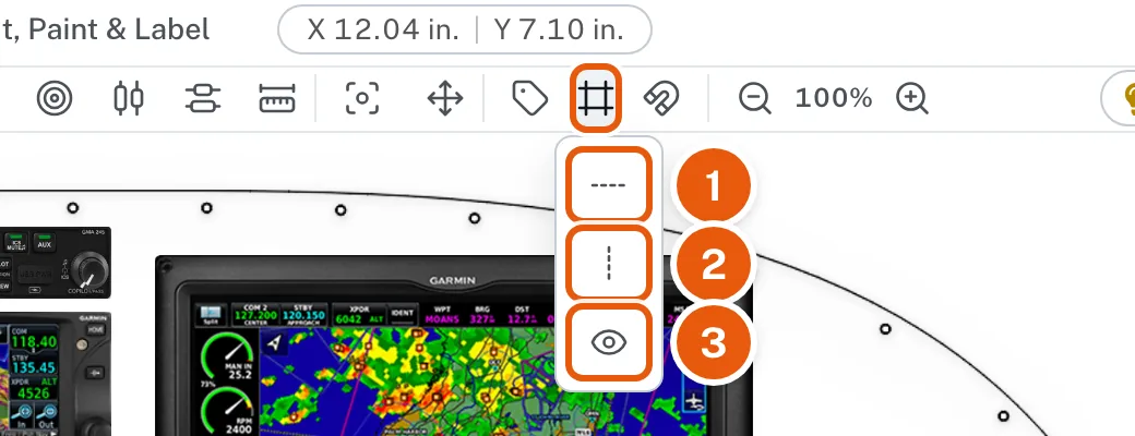 The Construction Lines menu open under its button in the tool row: 1 Add Horizontal, 2 Add Vertical, 3 the eye that shows or hides the lines