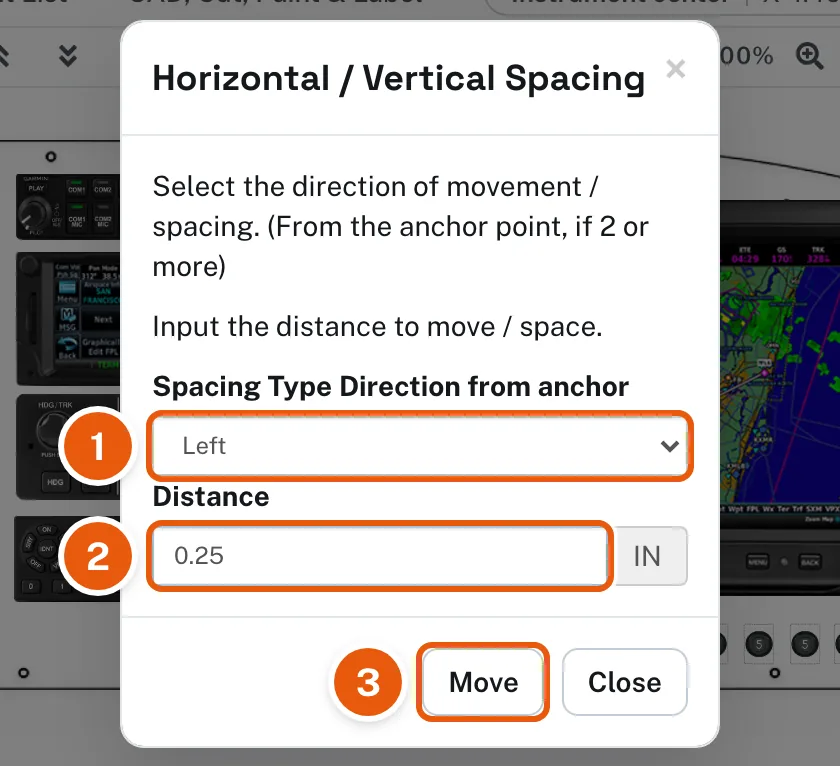 The Horizontal / Vertical Spacing box: 1 the direction, 2 the distance in inches, 3 Move