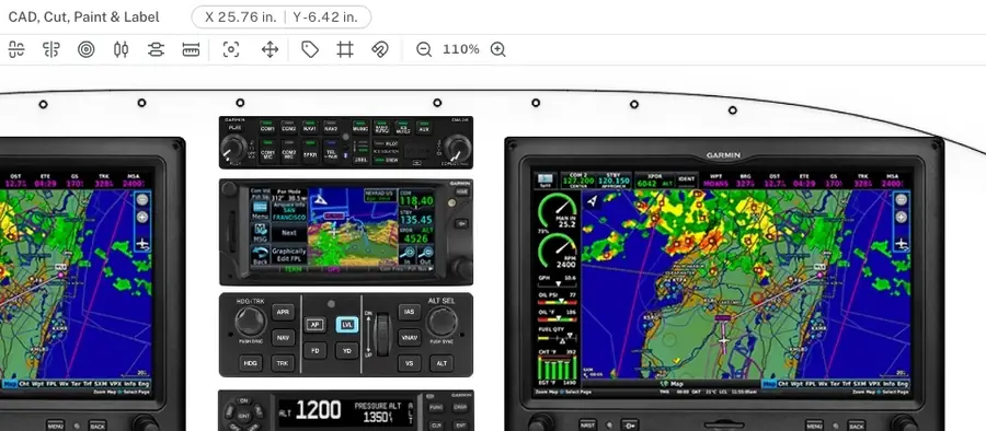 The pointer rests on the center of the panel and the readout shows X 0.00 in, Y 0.00 in; then the right-hand display is clicked and the readout shows Instrument center and the position of that display's center