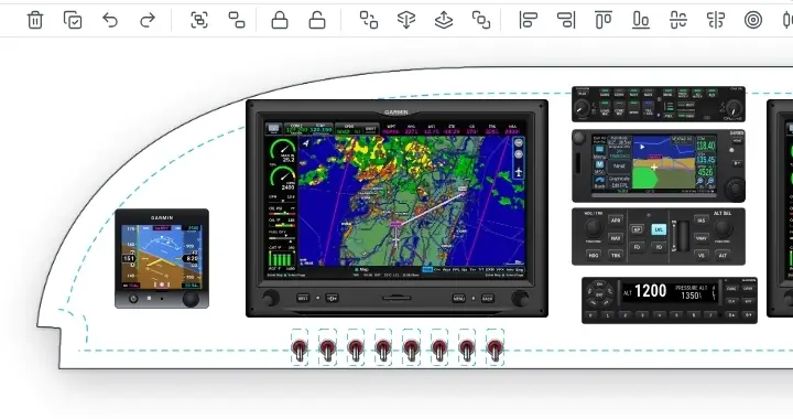 The Select several button in the tool row is pressed and lights; the G5, a large display and the GTN are clicked one after another with no key held and all three stay selected; the button is pressed again