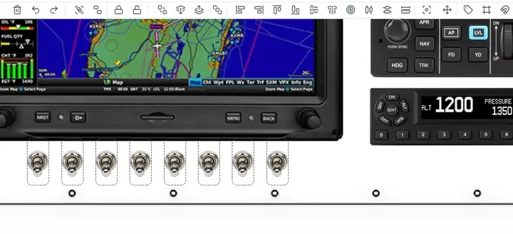 A row of eight toggle switches is selected with one click, Placard is clicked, OFF is typed, and a span placard appears under the row